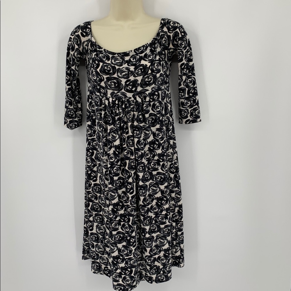 Norma Kamali black white rose dress empire jersey knit rose stretch Small